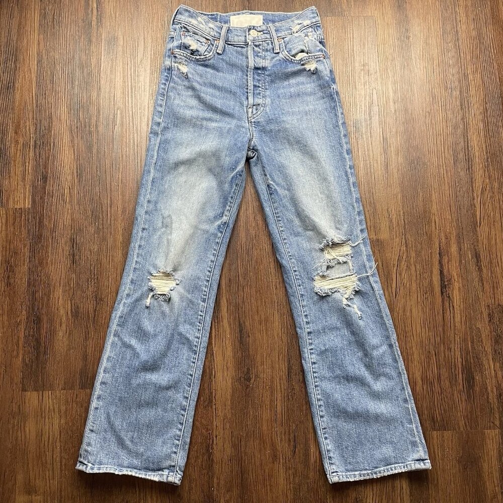 MOTHER Blue Distressed Straight Leg Jeans